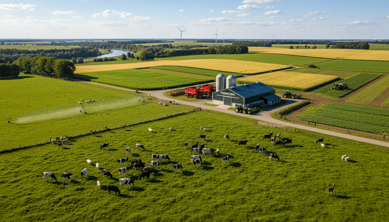 Healthy livestock farming operation with cattle grazing in lush green fields under clear sky