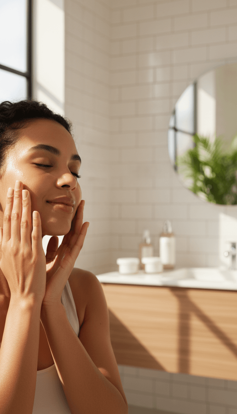Woman applying skin care moisturizer
